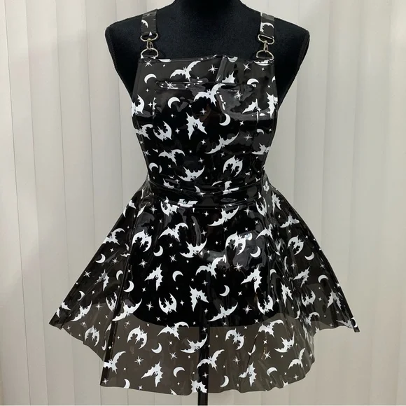 TRICKZ N TREATZ Bat My Lashes Print PVC Vinyl Mini Dress Bat Crescent Moon Black - Picture 9 of 14